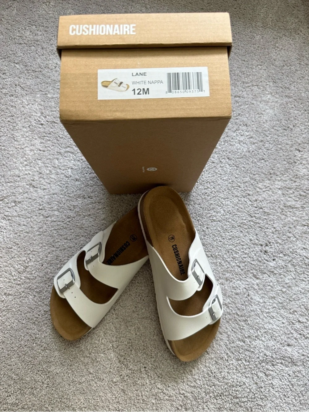 Cushionaire Lane White Nappa Double-Buckle Slide Sandals Dize 12 NWT